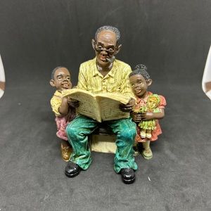 Vintage Resin African American Dad/Grandpa Reading to Two Children